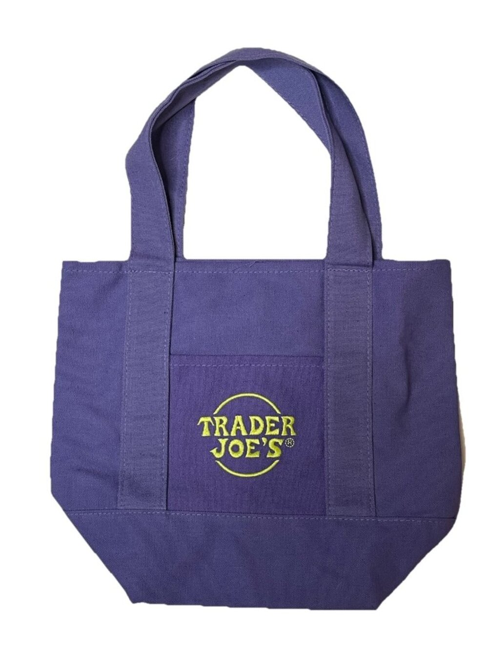 Trader Joe's Mini Canvas Tote Bag Purple Yellow Logo 13 x 17 Reusable Grocery